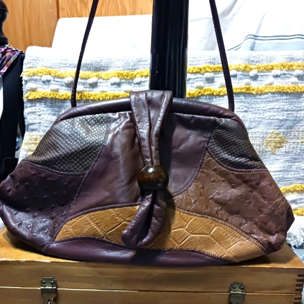 Vtg Leather Hinged Patchwork Shoulder Bag Multico… - image 1